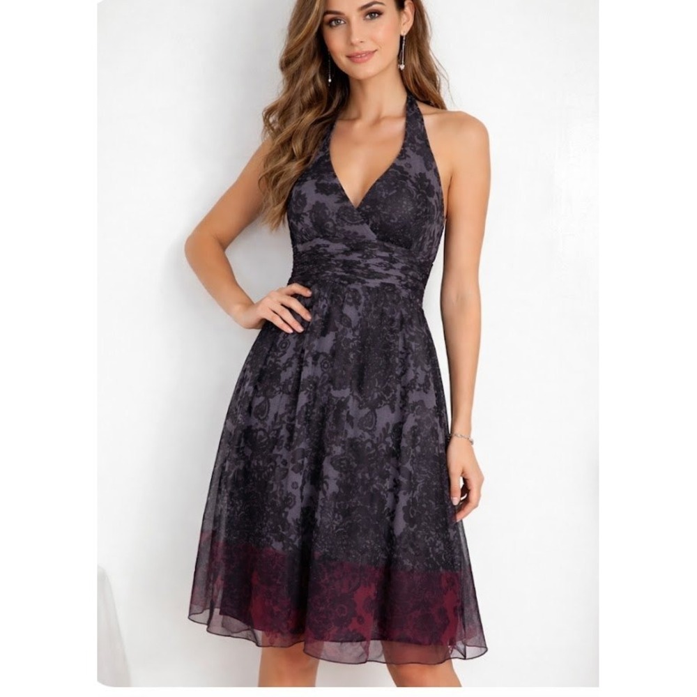 Anne Klein Silk Dress Halterâ Neck Floral Print Midi Women's Size 6
